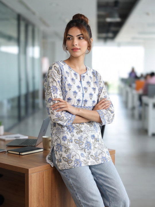 Blue Floral Vine Short Kurti