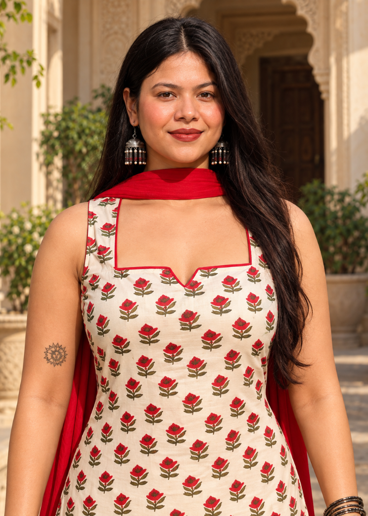 Ivory Floral Printed Kurta Palazzo Set with Red Dupatta