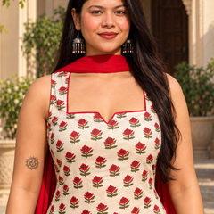 Ivory Floral Printed Kurta Palazzo Set with Red Dupatta