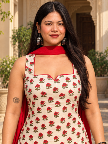 Ivory Floral Printed Kurta Palazzo Set with Red Dupatta
