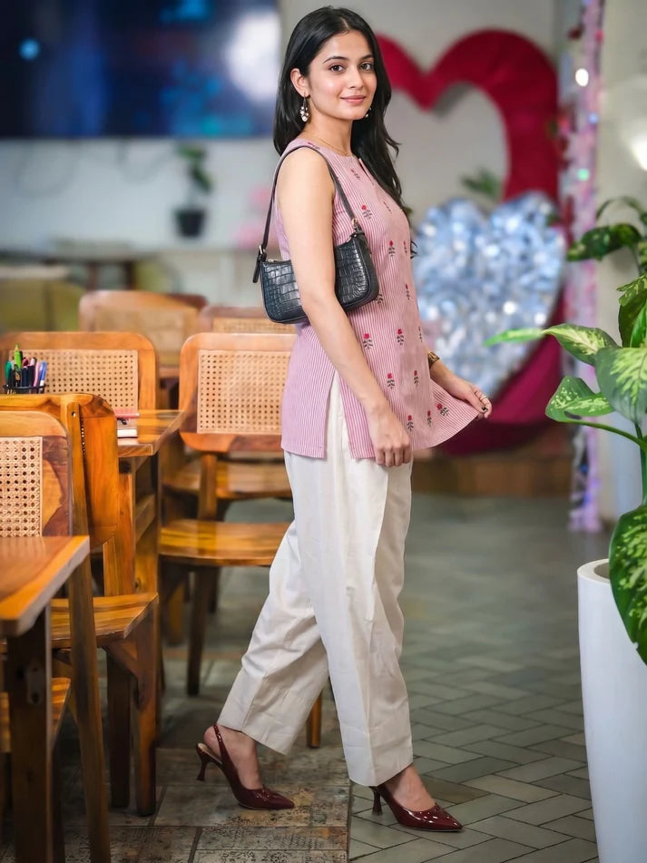 Pink Embroidered Farshi Kurti Set