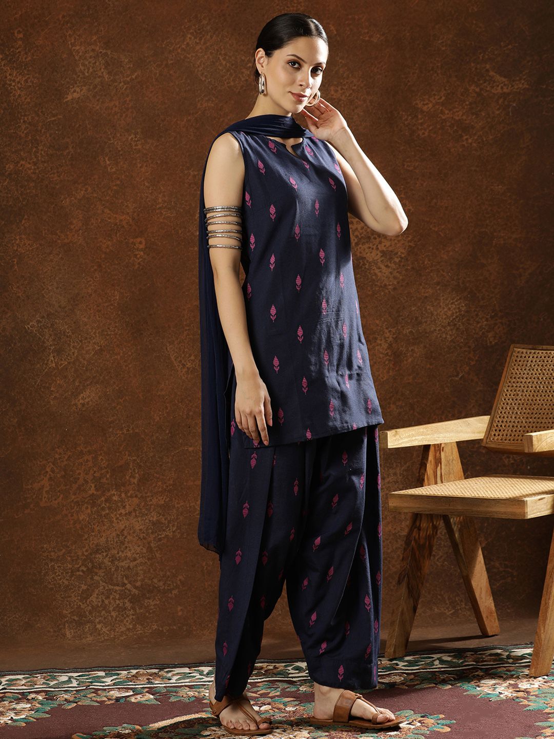 Black Buti Print Cotton Farshi Kurti Set