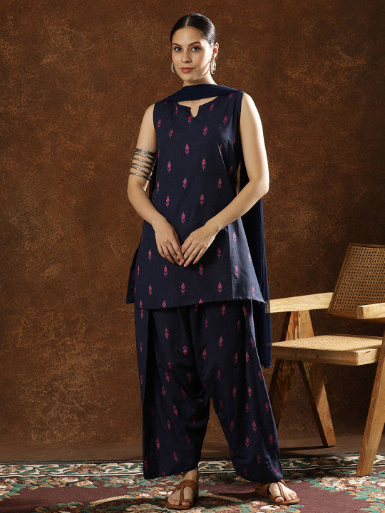 Black Buti Print Cotton Farshi Kurti Set