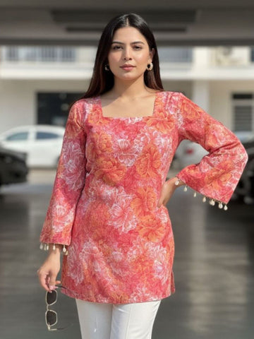 Floral Bell Sleeve Short Kurti