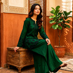 Emerald Green Thread Embroidered Cotton Kurta Set with Wide-Leg Palazzo Pants