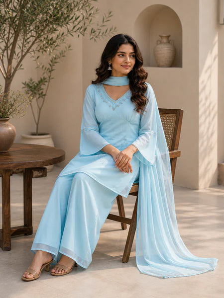 Embroidered Straight Kurta Set with Pant & Dupatta