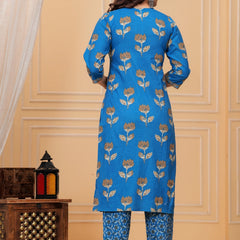 Royal Blue Jaipuri Buta Print Cotton Kurta Pant Set with Kota Doria Dupatta