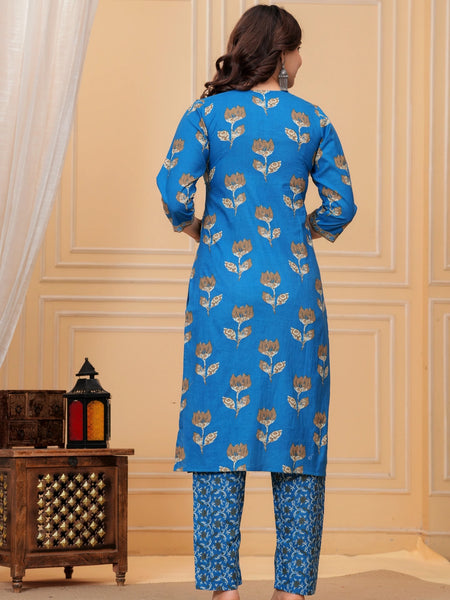 Royal Blue Jaipuri Buta Print Cotton Kurta Pant Set with Kota Doria Dupatta