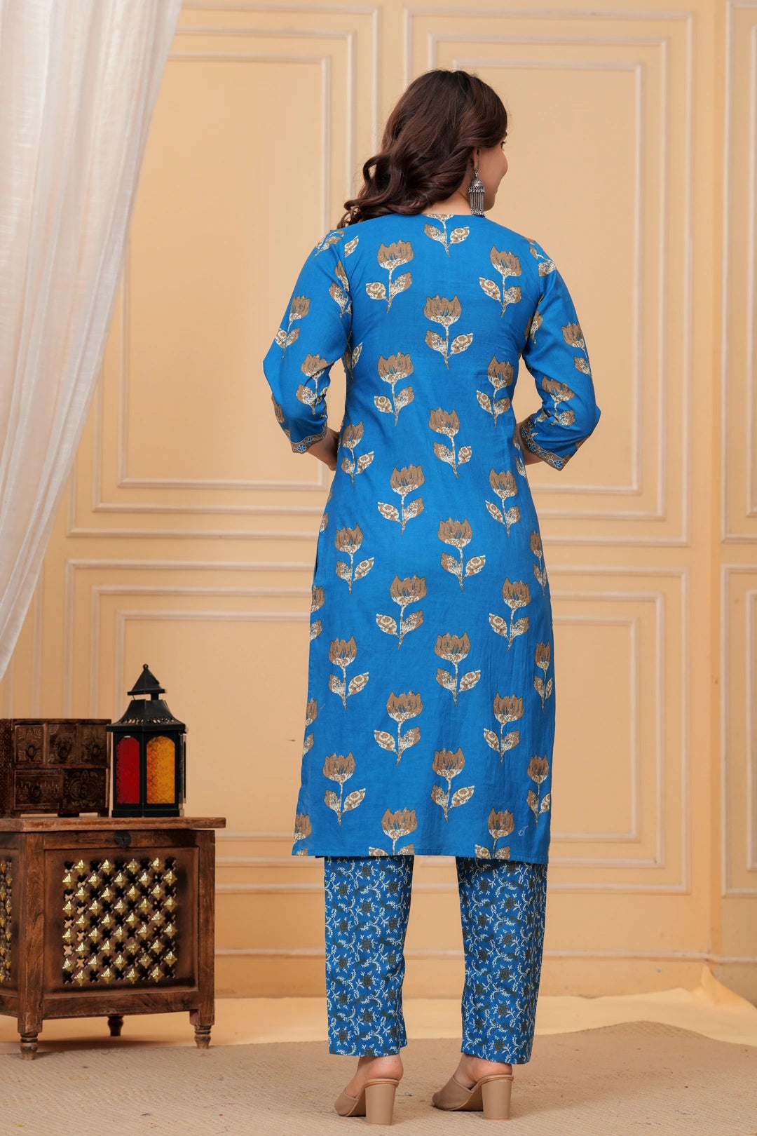 Royal Blue Jaipuri Buta Print Cotton Kurta Pant Set with Kota Doria Dupatta
