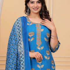 Royal Blue Jaipuri Buta Print Cotton Kurta Pant Set with Kota Doria Dupatta