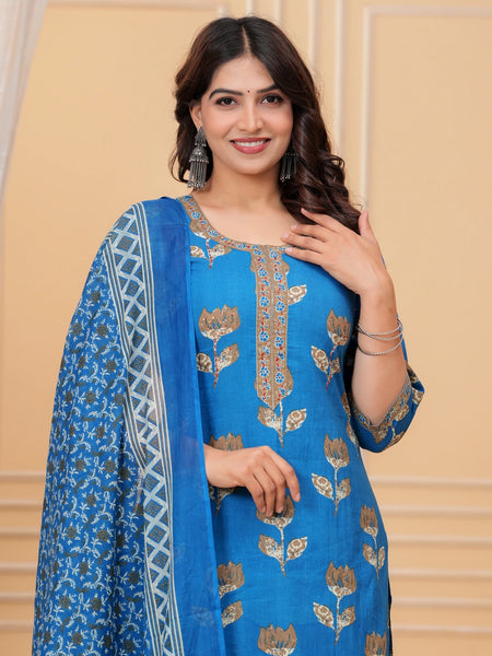 Royal Blue Jaipuri Buta Print Cotton Kurta Pant Set with Kota Doria Dupatta