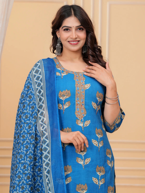 Royal Blue Jaipuri Buta Print Cotton Kurta Pant Set with Kota Doria Dupatta
