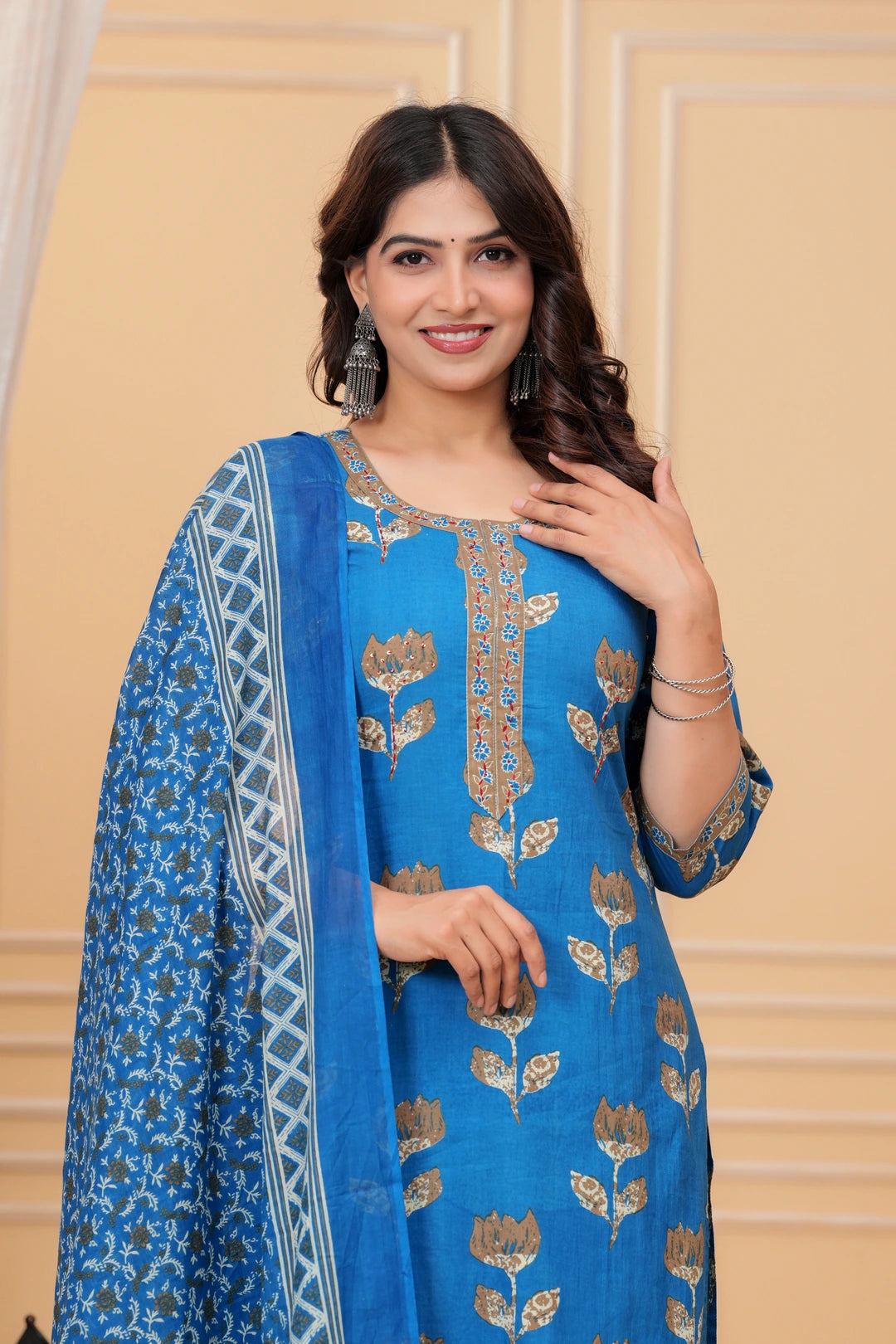 Royal Blue Jaipuri Buta Print Cotton Kurta Pant Set with Kota Doria Dupatta