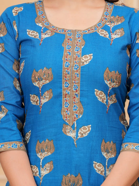 Royal Blue Jaipuri Buta Print Cotton Kurta Pant Set with Kota Doria Dupatta