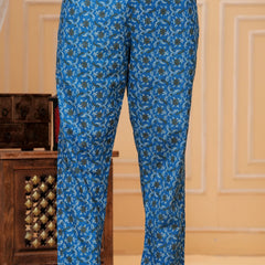 Royal Blue Jaipuri Buta Print Cotton Kurta Pant Set with Kota Doria Dupatta