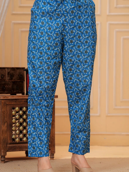 Royal Blue Jaipuri Buta Print Cotton Kurta Pant Set with Kota Doria Dupatta