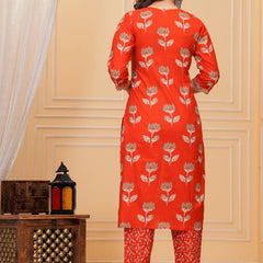 Red Jaipuri Buta & Floral Print Cotton Kurta Pant Set with Mulmul Dupatta