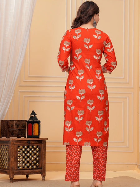 Red Jaipuri Buta & Floral Print Cotton Kurta Pant Set with Mulmul Dupatta