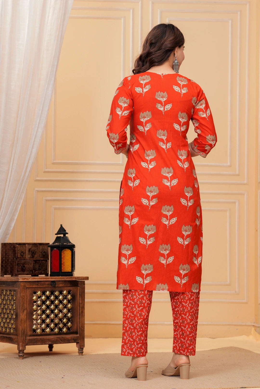 Red Jaipuri Buta & Floral Print Cotton Kurta Pant Set with Mulmul Dupatta