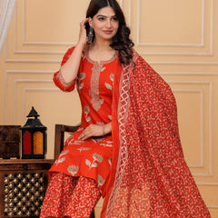Red Jaipuri Buta & Floral Print Cotton Kurta Pant Set with Mulmul Dupatta