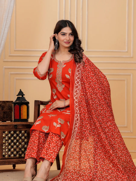 Red Jaipuri Buta & Floral Print Cotton Kurta Pant Set with Mulmul Dupatta
