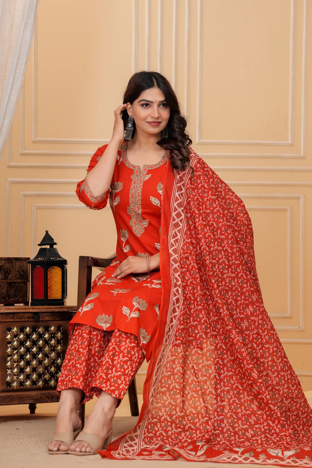 Red Jaipuri Buta & Floral Print Cotton Kurta Pant Set with Mulmul Dupatta