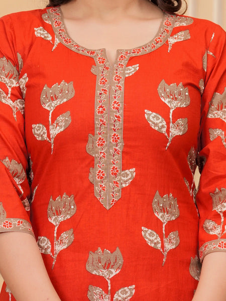 Red Jaipuri Buta & Floral Print Cotton Kurta Pant Set with Mulmul Dupatta