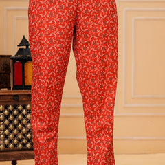 Red Jaipuri Buta & Floral Print Cotton Kurta Pant Set with Mulmul Dupatta