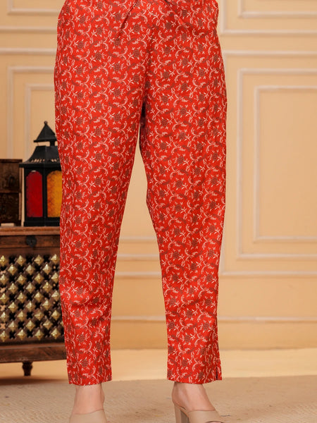 Red Jaipuri Buta & Floral Print Cotton Kurta Pant Set with Mulmul Dupatta