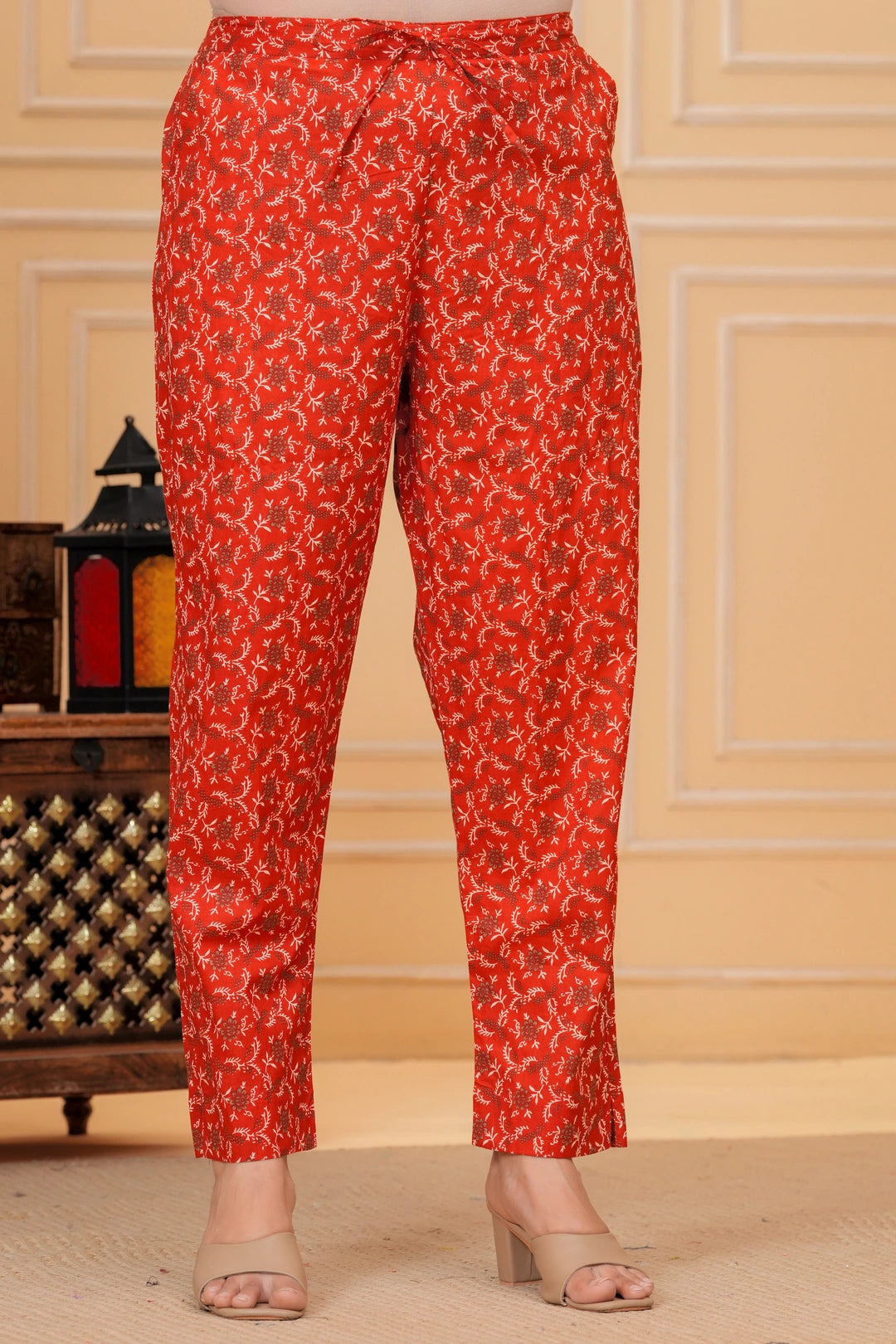 Red Jaipuri Buta & Floral Print Cotton Kurta Pant Set with Mulmul Dupatta