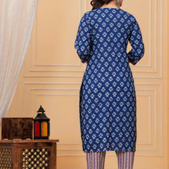 Indigo Dabu Print Cotton Kurta Pant Set with Geometric Mulmul Dupatta