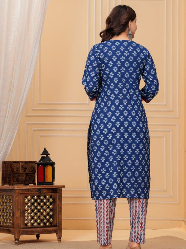 Indigo Dabu Print Cotton Kurta Pant Set with Geometric Mulmul Dupatta