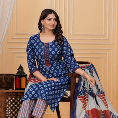Indigo Dabu Print Cotton Kurta Pant Set with Geometric Mulmul Dupatta