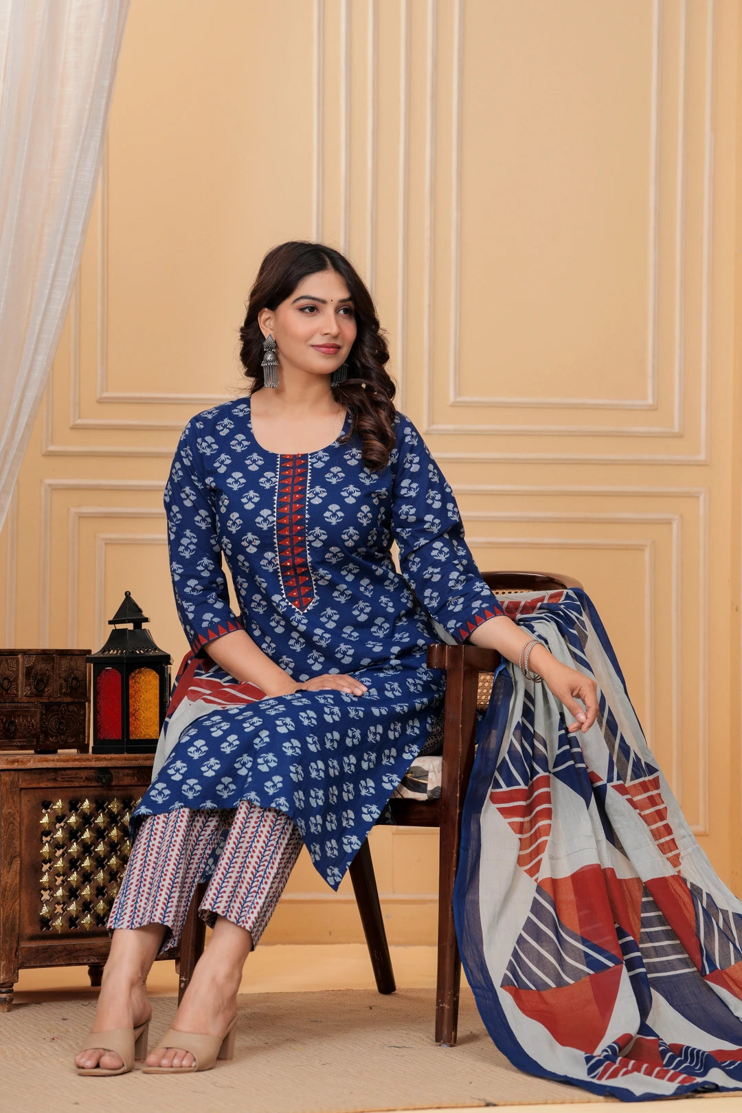 Indigo Dabu Print Cotton Kurta Pant Set with Geometric Mulmul Dupatta