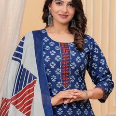 Indigo Dabu Print Cotton Kurta Pant Set with Geometric Mulmul Dupatta