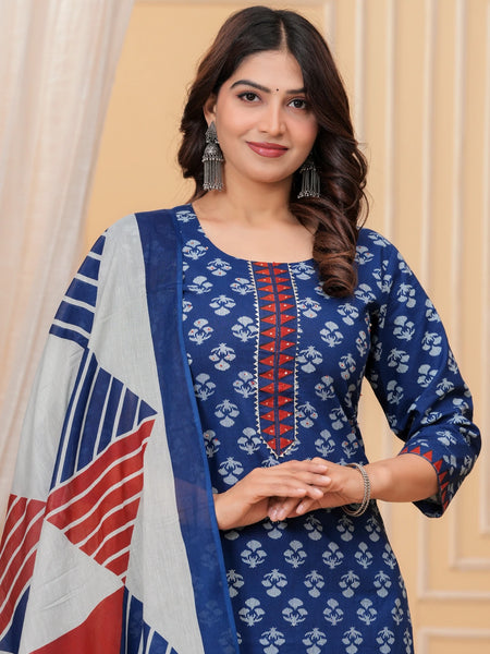 Indigo Dabu Print Cotton Kurta Pant Set with Geometric Mulmul Dupatta