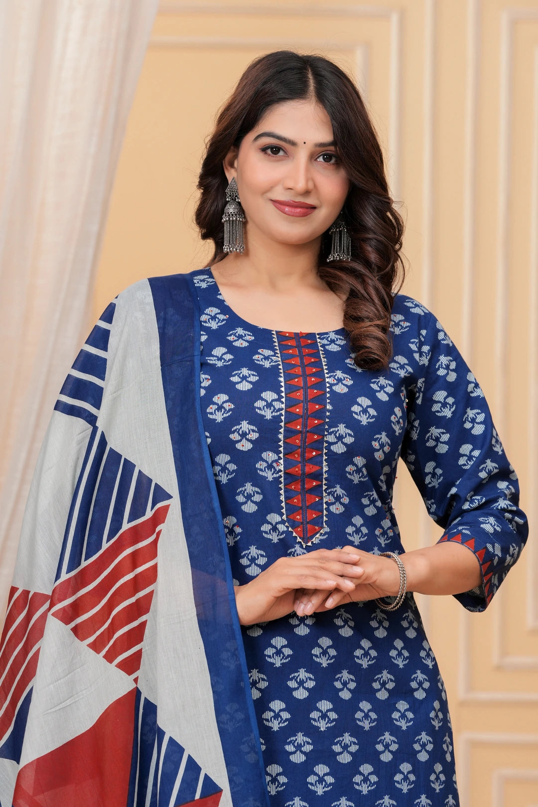 Indigo Dabu Print Cotton Kurta Pant Set with Geometric Mulmul Dupatta