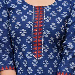 Indigo Dabu Print Cotton Kurta Pant Set with Geometric Mulmul Dupatta