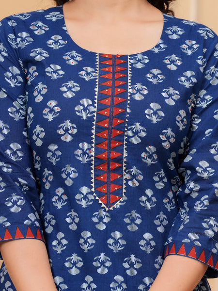 Indigo Dabu Print Cotton Kurta Pant Set with Geometric Mulmul Dupatta