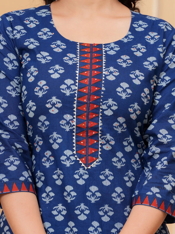 Indigo Dabu Print Cotton Kurta Pant Set with Geometric Mulmul Dupatta