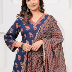 Indigo Ajrakh Print Cotton Kurta Pant Set with Mulmul Dupatta
