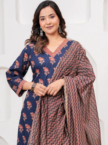 Indigo Ajrakh Print Cotton Kurta Pant Set with Mulmul Dupatta