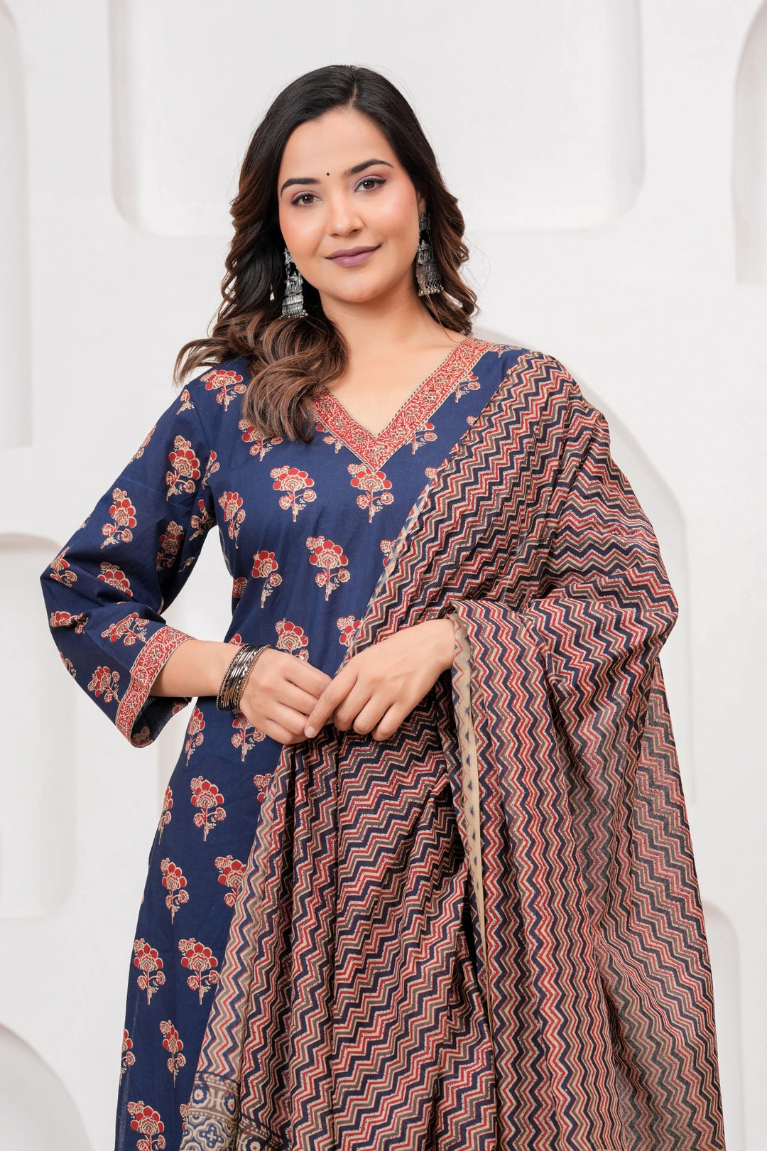 Indigo Ajrakh Print Cotton Kurta Pant Set with Mulmul Dupatta