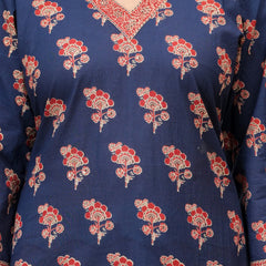 Indigo Ajrakh Print Cotton Kurta Pant Set with Mulmul Dupatta