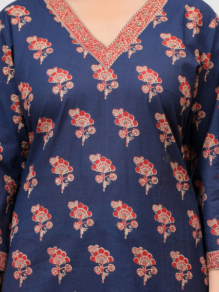 Indigo Ajrakh Print Cotton Kurta Pant Set with Mulmul Dupatta