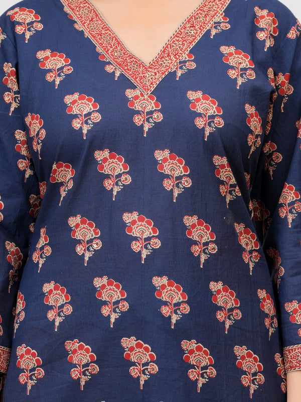 Indigo Ajrakh Print Cotton Kurta Pant Set with Mulmul Dupatta