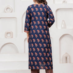 Indigo Ajrakh Print Cotton Kurta Pant Set with Mulmul Dupatta