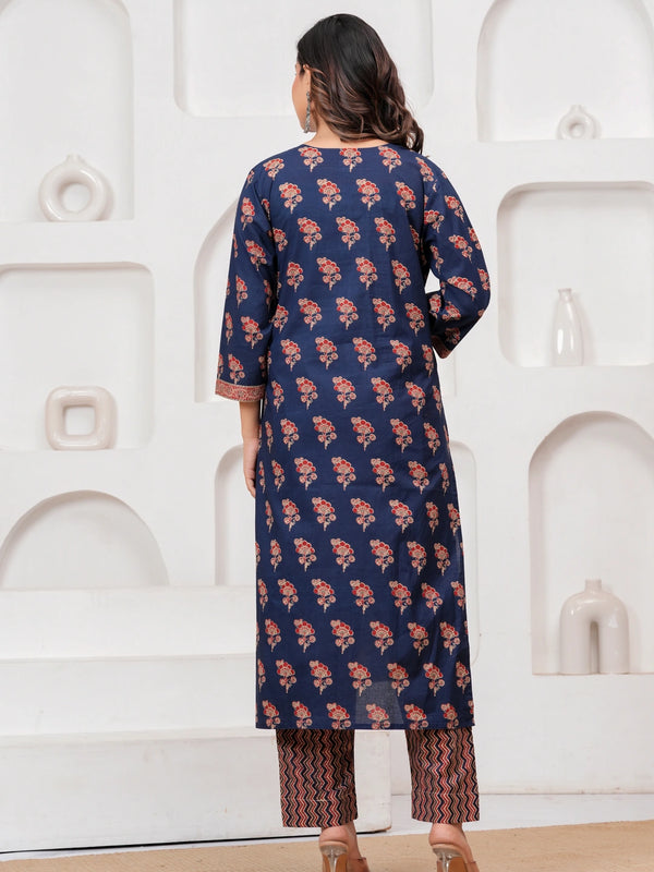 Indigo Ajrakh Print Cotton Kurta Pant Set with Mulmul Dupatta