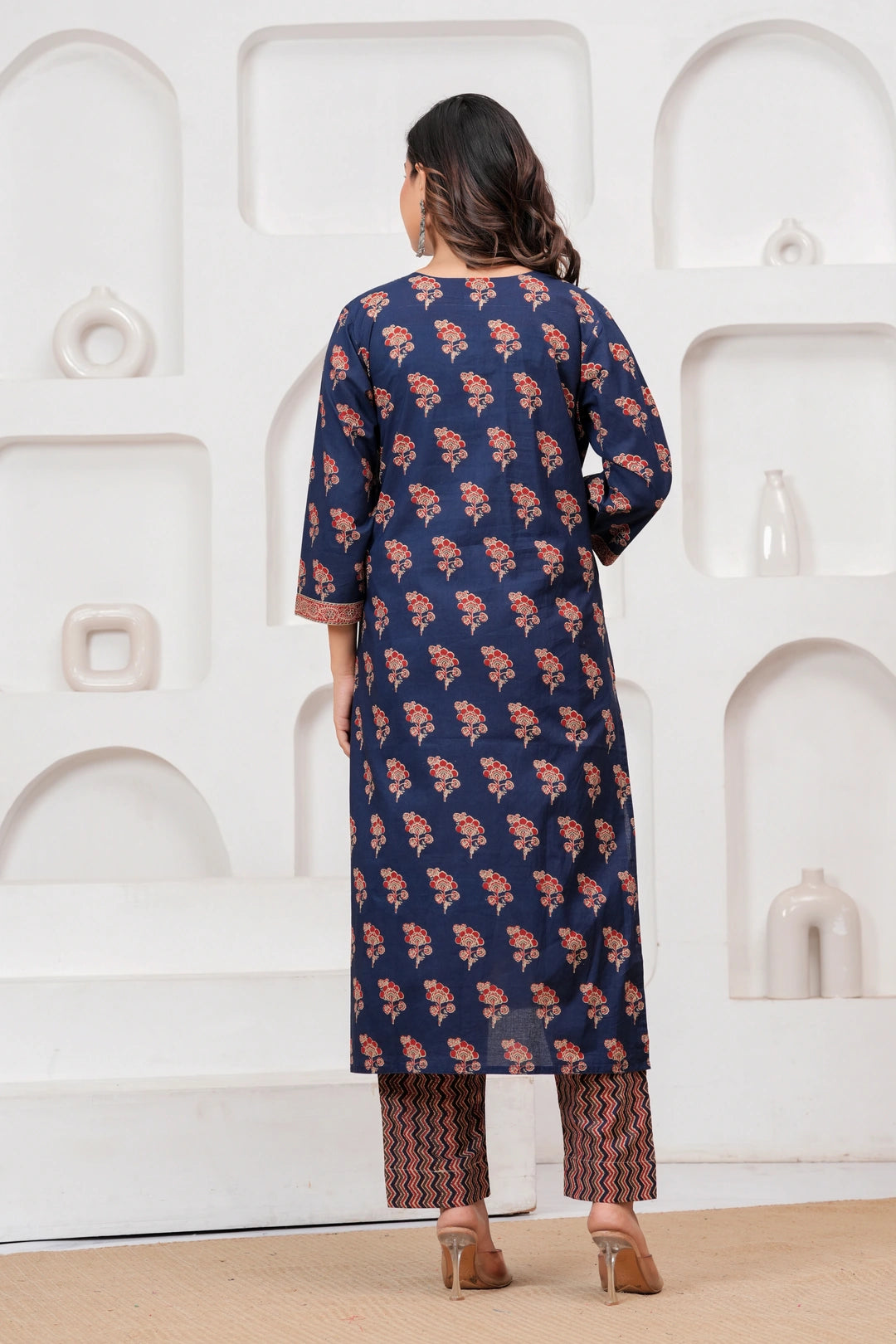 Indigo Ajrakh Print Cotton Kurta Pant Set with Mulmul Dupatta