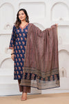Indigo Blue Handblockprinted Floral Printed Cotton Kurta Pant Set with Dupatta